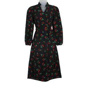 Unbranded Dress Belted Black with Cherry Pattern Long Sleeve XS Whimsical Retro